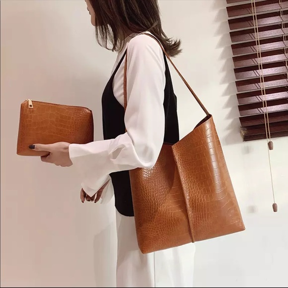 New! Faux Crocodile Cognac bag and clutch - Picture 3 of 8